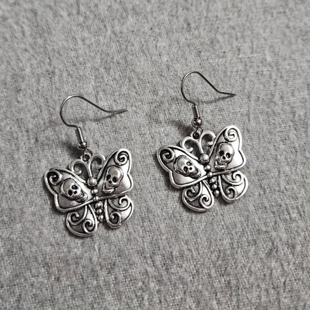 Boutique Silver-Tone Skull Butterfly Dangle Earrings ~Goth Emo Punk Biker Skater
